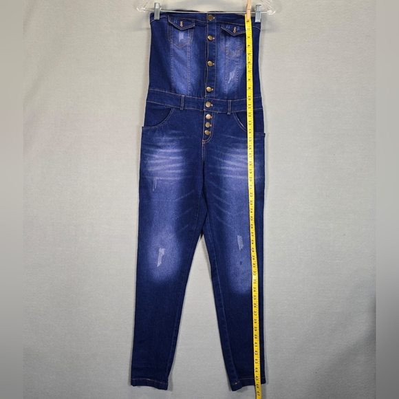 Women Strapless Sleeveless Denim Buttons Pockets Bodycon Long Jumpsuit Sz M - Picture 11 of 13